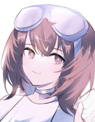 Rule 34 | 1girl, absurdres, arknights, brown eyes, brown hair, choker, goggles, goggles on head, gupipy, highres, looking at viewer, portrait, roberta (arknights), short hair, smile, solo, white choker