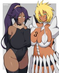 Rule 34 | 2girls, absurdres, armor, arms behind back, artist name, asymmetrical docking, black gloves, black leotard, black thighhighs, bleach, blonde hair, breast press, breast tattoo, breasts, brown eyes, closed mouth, colored eyelashes, commission, dark-skinned female, dark skin, elbow gloves, female focus, frown, gloves, green eyes, highres, large breasts, leotard, long hair, looking at viewer, multiple girls, notkadraw, number tattoo, ponytail, purple hair, shihouin yoruichi, short hair, smile, tattoo, thighhighs, tier harribel, trait connection