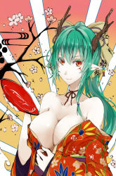 Rule 34 | 1girl, alcohol, bad id, bad pixiv id, bare shoulders, bow, breasts, cleavage, cup, female focus, green hair, hair bow, hair ribbon, horns, japanese clothes, large breasts, long hair, off shoulder, original, pointy ears, ponytail, red eyes, ribbon, sakazuki, sake, smile, solo, takaharu