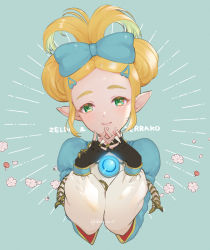 Rule 34 | 1girl, alternate hairstyle, artist name, black gloves, blonde hair, blue background, blue bow, blush, borrowed hairstyle, bow, cherry, cinnamiku hairstyle, closed mouth, commentary request, cropped torso, dororon1, emphasis lines, eyelashes, fingerless gloves, flower, food, forehead, fruit, gem, gloves, green eyes, hair bow, hair ornament, hairclip, hands up, interlocked fingers, long hair, long sleeves, looking at viewer, nintendo, own hands together, parted bangs, pink flower, pointy ears, princess zelda, puffy long sleeves, puffy sleeves, sidelocks, smile, solo, the legend of zelda, the legend of zelda: breath of the wild, twitter username, updo, upper body
