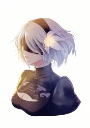 Rule 34 | 1girl, ayu (so doom), black blindfold, black hairband, blindfold, breasts, cleavage, cleavage cutout, clothing cutout, cropped torso, flower, grey hair, hair flower, hair ornament, hairband, medium breasts, medium hair, mole, mole under mouth, nier:automata, nier (series), parted lips, solo, turtleneck, upper body, white flower, 2b (nier:automata), 9s (nier:automata)
