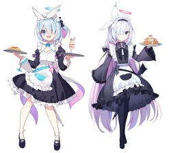 Rule 34 | 2girls, absurdres, alternate costume, arona (blue archive), blue archive, blue eyes, blue hair, commentary request, desert, doodle sensei (blue archive), food, full body, grey eyes, grey hair, halo, headband, highres, ice cream, looking at viewer, maid, maid headdress, multiple girls, ohihil, omelet, open mouth, pancake, pantyhose, plana (blue archive), plate, sensei (blue archive), simple background, umbrella, weapon, white background