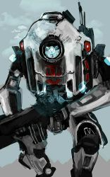 Rule 34 | aqua background, blue eyes, clenched hand, glowing, glowing eyes, gun, highres, holding, holding gun, holding weapon, mecha, mecha focus, no humans, robot, solo, statham, titanfall, titanfall (series), titanfall 2, tone (titanfall 2), walking, weapon