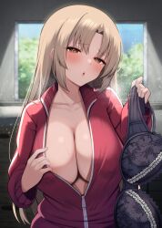 Rule 34 | 1girl, absurdres, black bra, blonde hair, blush, bra, breasts, brown eyes, cleavage, collarbone, commentary request, dot nose, frilled bra, frills, hand up, highres, holding, holding bra, holding clothes, holding underwear, indoors, jacket, lace, large breasts, long hair, nijisanji, open mouth, parted bangs, sister claire, solo, standing, straight hair, suzutarou gunsou, sweat, track jacket, underwear, unworn bra, unzipped, virtual youtuber
