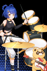 Rule 34 | 1girl, awana (user xccs2274), belt, black background, black belt, black shirt, blue hair, breasts, cleavage, cleavage cutout, clothing cutout, commentary request, crop top, cymbals, detached sleeves, drum, drum set, electric guitar, foot out of frame, genshin impact, guitar, guoba (genshin impact), hair rings, highres, holding, holding instrument, instrument, long sleeves, looking at viewer, medium breasts, midriff, navel, pants, shirt, short hair, sitting, sleeveless, sleeveless shirt, smile, stomach, white pants, xiangling (genshin impact), yellow eyes