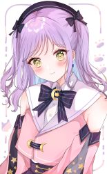 Rule 34 | 1girl, blue hair, blush, closed mouth, colored inner hair, crescent, earrings, half updo, hat, highres, jewelry, long hair, long sleeves, looking at viewer, multicolored hair, purple hair, shain, shinomiya runa, solo, star (symbol), twintails, virtual youtuber, vspo!, white background, yellow eyes