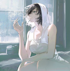 Rule 34 | 1girl, between fingers, black hair, breasts, chainsaw man, cigarette, day, expressionless, eyelashes, eyepatch, feet out of frame, green eyes, hair between eyes, highres, himeno (chainsaw man), holding, holding cigarette, indoors, looking afar, medium breasts, one eye covered, open mouth, short hair, sitting, sleepless (wrysmile), sleeveless, smoke, smoking, solo, sunlight, tank top, towel, towel on head, white tank top, window