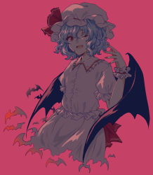 Rule 34 | 1girl, bat (animal), bat wings, blue hair, bow, collared shirt, frilled shirt collar, frills, hat, highres, mob cap, one eye closed, open mouth, pink background, red eyes, remilia scarlet, shirt, short hair, short sleeves, simple background, solo, touhou, uranaishi (miraura), waist bow, wings, wrist cuffs