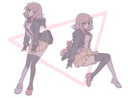 Rule 34 | 1girl, backpack, bag, black shirt, black thighhighs, breasts, brown skirt, collared shirt, danganronpa (series), danganronpa 2: goodbye despair, dress shirt, flipped hair, full body, grey shirt, highres, invisible chair, jacket, large breasts, long sleeves, looking at viewer, medium hair, multiple views, nanami chiaki, neck ribbon, open clothes, open jacket, pink background, pink bag, pink eyes, pink footwear, pink hair, pleated skirt, ribbon, ru-pe (gstm 0915), shirt, shirt tucked in, shoes, sitting, skirt, sleeves past wrists, thighhighs, triangle hair ornament, white background, white shirt