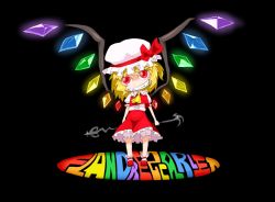 Rule 34 | 1girl, arms behind back, blonde hair, character name, chibi, fangs, female focus, flandre scarlet, grin, hat, head tilt, oso (toolate), rainbow text, red eyes, smile, solo, embodiment of scarlet devil, touhou, wings