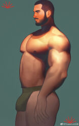 Rule 34 | 1boy, abs, absurdres, bara, beard, briefs, bulge, facial hair, feet out of frame, from side, green male underwear, highres, large pectorals, looking away, male focus, male underwear, mature male, muscular, muscular male, mustache, navel hair, nipples, original, pectorals, powerlesssong, short hair, sideburns, solo, standing, stomach, thick eyebrows, thick thighs, thighs, topless male, underwear