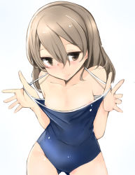 Rule 34 | 10s, 1girl, absurdres, breasts, brown eyes, brown hair, clothes pull, competition school swimsuit, girls und panzer, gluteal fold, highres, long hair, muoto, one-piece swimsuit, one-piece swimsuit pull, pulling own clothes, school swimsuit, shimada arisu, small breasts, smile, solo, swimsuit