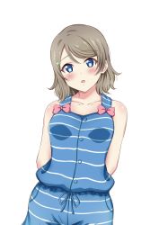 Rule 34 | 1girl, arms behind back, blonde hair, blue eyes, blush, collarbone, cowboy shot, drawstring, head tilt, love live!, love live! sunshine!!, medium hair, open mouth, reminiscence202, shirt, solo, striped clothes, striped shirt, watanabe you, white background