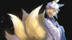 Rule 34 | 1girl, animal hat, black background, blonde hair, breasts, brooch, commentary, dress, eyeshadow, fox tail, from side, hat, highres, jewelry, lipstick, long sleeves, makeup, medium breasts, mob cap, multiple tails, ofuda, petals, profile, re (re 09), red lips, short hair, simple background, solo, tabard, tail, touhou, upper body, white dress, white hat, wide sleeves, yakumo ran, yellow eyes