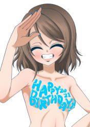 Rule 34 | 1girl, aqua eyes, artist name, artist request, bare shoulders, blue eyes, blue nail polish, blue nails, blush, breasts, brown hair, collarbone, closed eyes, female focus, grey hair, hair between eyes, highres, light brown hair, looking at viewer, love live!, love live! sunshine!!, nail, nail polish, parted lips, salute, short hair, small breasts, smile, solo, upper body, watanabe you, white background
