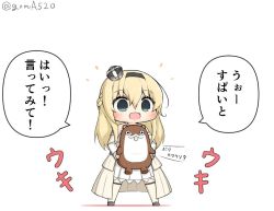 Rule 34 | 1girl, :3, blonde hair, blue eyes, blush, bokukawauso, braid, chibi, commentary request, crown, dress, eyes visible through hair, french braid, goma (yoku yatta hou jane), holding, holding stuffed toy, kantai collection, long hair, long sleeves, looking at viewer, mini crown, off-shoulder dress, off shoulder, open mouth, otter, simple background, smile, solo, speech bubble, stuffed animal, stuffed otter, stuffed toy, thighhighs, translation request, twitter username, warspite (kancolle), white background, white dress