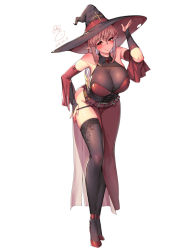 Rule 34 | 1girl, arm up, bad id, bad pixiv id, bare shoulders, belt, black thighhighs, blush, breasts, bridal gauntlets, brown hair, cleavage, dated, detached sleeves, hat, large breasts, leaning forward, legs, long hair, looking at viewer, original, pointy ears, red eyes, simple background, smile, solo, standing, suerte, thighhighs, thighs, white background, witch, witch hat