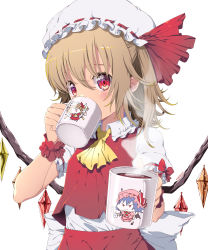 Rule 34 | 1girl, absurdres, ascot, blush, bow, brown hair, clip studio paint (medium), commentary request, covered mouth, crystal, cup, drinking, eudetenis, eyebrows hidden by hair, flandre scarlet, giving, hair between eyes, hat, highres, holding, holding cup, incoming drink, long hair, looking at viewer, mob cap, mug, puffy short sleeves, puffy sleeves, red bow, red eyes, red skirt, red vest, remilia scarlet, shirt, short sleeves, simple background, skirt, skirt set, solo, touhou, twitter username, vest, white background, white hat, white shirt, wings, wrist cuffs, yellow ascot
