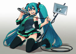 Rule 34 | 1girl, aqua hair, aqua nails, bare shoulders, blue eyes, blue hair, boots, cable, chan co, detached sleeves, full body, hatsune miku, headphones, kneeling, legs, long hair, looking at viewer, matching hair/eyes, megaphone, microphone, nail polish, necktie, open mouth, pinky out, pleated skirt, simple background, skirt, smile, solo, speaker, thigh boots, thighhighs, twintails, very long hair, vocaloid, zettai ryouiki