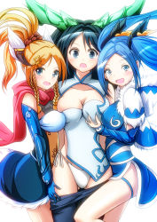 Rule 34 | 3girls, black hair, blonde hair, blue eyes, blue hair, grabbing another&#039;s breast, breasts, china dress, chinese clothes, cleavage, clothes pull, dress, grabbing, idunn &amp; idunna, karin (p&amp;d), long hair, looking at viewer, merry (diameri), multiple girls, open mouth, panties, pantyhose, pantyhose pull, ponytail, puzzle &amp; dragons, side-tie panties, smile, twintails, underwear, white panties, yuri