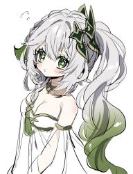 Rule 34 | 1girl, :o, alternate breast size, alternate costume, bare shoulders, blush, breasts, cleavage, commentary request, cross-shaped pupils, detached sleeves, dress, genshin impact, gradient hair, green eyes, green hair, grey hair, hair between eyes, hair ornament, highres, hirarinoie, leaf hair ornament, long hair, looking at viewer, medium breasts, multicolored hair, nahida (genshin impact), pointy ears, side ponytail, simple background, sketch, solo, symbol-shaped pupils, upper body, white background, white dress