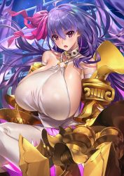 Rule 34 | 1girl, 504 gateway, bad id, bad twitter id, bare shoulders, breasts, claws, collar, fate/extra, fate/extra ccc, fate (series), gigantic breasts, hair ribbon, highres, long hair, o-ring, o-ring top, open mouth, passionlip (fate), passionlip (third ascension) (fate), pink eyes, pink ribbon, purple hair, ribbon, solo, very long hair