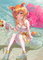 Rule 34 | 1girl, absurdres, animal ears, beach, blush, bouquet, bride, dress, dripping, flower, frilled dress, frills, gloves, hair flower, hair ornament, highres, hmax, horse ears, horse girl, horse tail, in water, looking at viewer, mayano top gun (sunlight bouquet) (umamusume), mayano top gun (umamusume), orange eyes, orange hair, pantyhose, parachute, pleated dress, rose, see-through, smile, tail, umamusume, water, wedding dress, wet, white dress, white pantyhose, yellow shoes