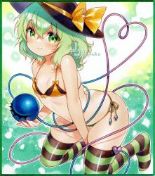 Rule 34 | 1girl, 2023, artist name, ass, between legs, bikini, black hat, black thighhighs, blush, bow, breasts, butt crack, closed mouth, commentary request, dated, eyeball, green background, green eyes, green hair, green thighhighs, hair between eyes, hand between legs, hand up, hat, hat bow, hat ribbon, heart, heart of string, holding eyeball, kneeling, knees out of frame, komeiji koishi, leaning forward, looking at viewer, marker (medium), medium hair, no shoes, nordic niku, ribbon, side-tie bikini bottom, simple background, skindentation, small breasts, smile, solo, split mouth, striped clothes, striped thighhighs, swimsuit, thighhighs, thighs, third eye, touhou, traditional media, wavy hair, yellow bow, yellow ribbon