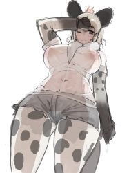 Rule 34 | 1girl, alternate breast size, animal ears, animal print, arm at side, arm up, breasts, brown eyes, brown hair, closed mouth, covered erect nipples, covered navel, cutoffs, dripping, from below, fur scarf, grey hair, grey shorts, highres, huge breasts, hyena ears, hyena girl, hyena tail, inverted nipples, kemono friends, large breasts, layered sleeves, long hair, long sleeves, multicolored hair, navel, no bra, one eye closed, pantyhose, pantyhose under shorts, print pantyhose, print sleeves, scarf, see-through, shibori kasu, shirt, short over long sleeves, short shorts, short sleeves, shorts, simple background, sketch, solo, spotted hyena (kemono friends), stomach, tail, wet, wet clothes, wet hair, wet shirt, white background, white shirt
