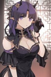 Rule 34 | 1girl, absurdres, arknights, black dress, black gloves, bracelet, breasts, china dress, chinese clothes, cleavage, detached collar, detached sleeves, dress, flower, gloves, hair flower, hair ornament, highres, horns, jewelry, lava (arknights), lava the purgatory (arknights), lava the purgatory (dusk wisteria) (arknights), noshima, pointy ears, purple eyes, purple hair, sideways glance, solo, strapless, strapless dress