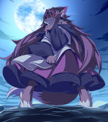 Rule 34 | 1girl, animal ears, brooch, brown hair, fang, fang out, female focus, fingernails, from below, full body, full moon, furry, furry female, glowing, glowing eyes, imaizumi kagerou, imaizumi kagerou (wolf), jewelry, kemonomimi mode, long hair, long sleeves, looking at viewer, moon, night, night sky, outdoors, red eyes, sky, solo, standing, tail, tamahana, team shangahi alice, touhou, very long hair, werewolf, wide sleeves, wolf ears, wolf tail