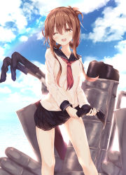 Rule 34 | 1girl, ;d, absurdres, anchor symbol, bad id, bad nicoseiga id, black sailor collar, black skirt, blue sky, blush, breasts, brown eyes, brown hair, cannon, cloud, dya, folded ponytail, glint, hair between eyes, highres, inazuma (kancolle), kantai collection, long hair, long sleeves, looking at viewer, neckerchief, numpopo, ocean, one eye closed, open mouth, outdoors, pleated skirt, red neckerchief, rigging, sailor collar, school uniform, serafuku, shirt, sidelocks, skirt, sky, small breasts, smile, solo, torpedo, torpedo tubes, turret, wet, white shirt, wringing clothes, wringing skirt