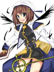 Rule 34 | 00s, 1girl, bad id, bad pixiv id, blue eyes, book, brown hair, gloves, hair ornament, hat, highres, lyrical nanoha, mahou shoujo lyrical nanoha, mahou shoujo lyrical nanoha strikers, schwertkreuz, short hair, solo, staff, tome of the night sky, wings, x hair ornament, yagami hayate, yuu minase1211