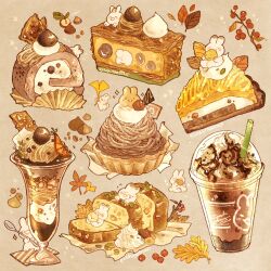 Rule 34 | animal-themed food, artist name, autumn, autumn leaves, berry, black eyes, blush stickers, branch, bread, cake, chocolate syrup, closed eyes, closed mouth, coffee, commentary, cup, cupcake, disposable cup, drinking straw, drooling, eating, english commentary, food, food focus, glasses, grey background, highres, holding, holding spoon, ice cream, icing, nao (bestrollever), napkin, no humans, original, oversized object, pecan, pecan pie, pie, pie slice, plastic wrap, pumpkin pie, rabbit, simple background, smile, solid circle eyes, sparkle, spoon, sundae, swiss roll, whipped cream