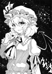 Rule 34 | 1girl, ascot, bad id, bad pixiv id, bat wings, black background, brooch, collared shirt, fang, fang out, fingernails, greyscale, hair between eyes, hat, jewelry, mob cap, monochrome, puffy short sleeves, puffy sleeves, qqqrinkappp, remilia scarlet, ribbon, sharp fingernails, shirt, short hair, short sleeves, solo, touhou, traditional media, upper body, v-shaped eyebrows, wings