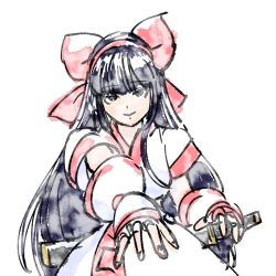 1girl ainu_clothes black_eyes blue_hair breasts fingerless_gloves gloves hair_ribbon half-closed_eyes highres large_breasts legs long_hair looking_at_viewer nakoruru outstretched_arm ribbon samurai_spirits seductive_gaze seductive_smile smile snk solo the_king_of_fighters thighs traditional_media very_long_hair weapon