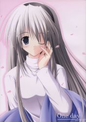 Rule 34 | 00s, 1girl, blue eyes, blush, clannad, grey hair, hairband, highres, long hair, looking at viewer, one eye closed, petals, sakagami tomoyo, solo, sweater, wink