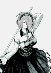 Rule 34 | 1girl, absurdres, arm behind head, arm up, black dress, breasts, broom, commentary request, cowboy shot, danganronpa (series), danganronpa v3: killing harmony, dress, frills, greyscale, hair over one eye, highres, holding, itou g-tarou, large breasts, long hair, long sleeves, looking at viewer, maid, maid headdress, monochrome, necktie, shirt, simple background, smile, solo, strap slip, sword, tojo kirumi, weapon