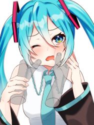 Rule 34 | 1girl, 1other, aqua hair, aqua necktie, arms up, black sleeves, blue eyes, blue hair, blue necktie, blush, cheek pinching, cheek squash, collar, collared shirt, detached sleeves, disembodied limb, dress shirt, embarrassed, frilled collar, frills, hands on another&#039;s cheeks, hands on another&#039;s face, hatsune miku, head tilt, holding another&#039;s wrist, long hair, necktie, one eye closed, open mouth, pinching, pov, pov hands, shirt, twintails, v arms, vocaloid, white collar, white shirt, wide sleeves, yumi00006