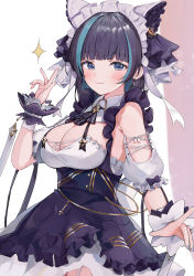 Rule 34 | 1girl, :3, absurdres, aqua nails, azur lane, bare shoulders, black dress, black frills, black ribbon, blunt bangs, blush, breasts, cheshire (azur lane), cleavage, cleavage cutout, closed mouth, clothing cutout, commentary, cowboy shot, doyagao, dress, earrings, frills, garter straps, glint, hand up, highres, jewelry, large breasts, looking at viewer, maid headdress, multicolored hair, nail polish, neck ribbon, racchi., ribbon, shiny skin, short hair, simple background, sleeveless, sleeveless dress, smile, smug, solo, sparkle, standing, streaked hair, white background, white legwear, white ribbon, wrist cuffs