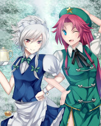 Rule 34 | 2girls, alternate hairstyle, apron, bad id, bad pixiv id, blue dress, blue eyes, chinese clothes, dress, hair flaps, hair ribbon, hands on own hips, highres, hong meiling, izayoi sakuya, looking at viewer, maid, maid apron, maid headdress, multiple girls, one eye closed, parted bangs, pocket watch, puffy short sleeves, puffy sleeves, red eyes, red hair, ribbon, short hair, short sleeves, side slit, silver hair, star (symbol), tangzhuang, teapot, touhou, tress ribbon, waist apron, watch, wrist cuffs, ya-ya