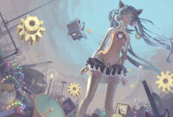 Rule 34 | 1girl, aqua eyes, aqua hair, breasts, rabbit, electric guitar, gears, grand piano, guitar, hatsune miku, highres, instrument, long hair, madyy, megaphone, odds &amp; ends (vocaloid), piano, project diva (series), project diva f, robot, skirt, small breasts, solo, stuffed animal, stuffed toy, teddy bear, thighhighs, twintails, very long hair, vocaloid