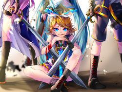 Rule 34 | 1boy, 3girls, absurdres, aqua hair, blonde hair, blood, blue eyes, boots, bridal gauntlets, cleaver, commentary request, cross-laced footwear, crossed swords, cuts, hair ornament, hairclip, hatsune miku, head out of frame, highres, injury, kagamine len, kagamine rin, knee boots, lace-up boots, licking lips, long hair, looking at viewer, megurine luka, multiple girls, pink hair, reverse grip, shirayuki towa, short hair, short sword, solo focus, song request, swept bangs, sword, tongue, tongue out, very long hair, vocaloid, weapon