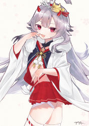 Rule 34 | 1girl, :3, :d, absurdres, akutaa, ass, azur lane, commentary request, fur collar, grey hair, hair between eyes, hair ornament, haori, hibiki (azur lane), highres, horns, japanese clothes, long hair, long sleeves, looking at viewer, midriff, oni horns, open mouth, pleated skirt, red eyes, red skirt, revision, sarashi, sidelocks, simple background, skirt, smile, solo, thighhighs, thighs, twisted torso, white background, white thighhighs, wide sleeves, zettai ryouiki