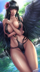 Rule 34 | 1girl, arm between breasts, arm under breasts, black hair, black one-piece swimsuit, black wings, blue sky, blunt bangs, blush, breasts, cleavage, cloud, collarbone, covered erect nipples, day, dead or alive, dutch angle, feathered wings, female focus, flower, groin, hair flower, hair ornament, highres, hime cut, large breasts, lips, long hair, looking at viewer, mole, mole under mouth, naughty face, navel, nyotengu, o-ring, o-ring swimsuit, one-piece swimsuit, outdoors, purple eyes, sadakage, skindentation, sky, smile, solo, swimsuit, thighs, tongue, tongue out, tsurime, wading, wet, wings