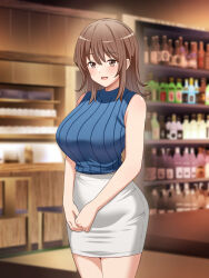Rule 34 | 1girl, :d, absurdres, bar (place), blue shirt, blurry, blurry background, breasts, brown eyes, brown hair, commentary request, cowboy shot, hair between eyes, highres, indoors, large breasts, medium hair, open mouth, original, paid reward available, pencil skirt, shirt, skirt, sleeveless, sleeveless shirt, smile, solo, standing, tokunaga (umemoto), white skirt