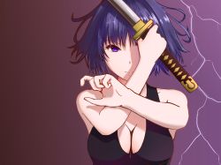 Rule 34 | 1girl, black shirt, breasts, cleavage, closed mouth, covering one eye, defaultkavy, electricity, hair between eyes, highres, holding, holding sword, holding weapon, honkai (series), honkai impact 3rd, katana, looking at viewer, ponytail, purple background, purple eyes, purple hair, raiden mei, shirt, solo, sword, weapon