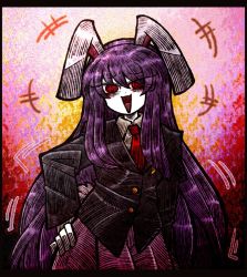 Rule 34 | 1girl, @ @, animal ears, black border, black jacket, blazer, border, buttons, crazy eyes, crescent, crescent pin, dot nose, formal, hair between eyes, hand on own hip, hatching (texture), jacket, laughing, linear hatching, long hair, long sleeves, pale skin, purple hair, rabbit ears, rabbit girl, rabbit tail, red eyes, red tie, reisen udongein inaba, skirt, solo, suenari (peace), suit, symbol-only commentary, tail, touhou, undershirt
