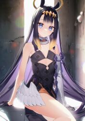 Rule 34 | 1girl, asymmetrical clothes, back slit, bare shoulders, bird wings, black dress, black gloves, black hair, blue eyes, choker, cropped legs, detached sleeves, dress, flat chest, gloves, hair ears, hairband, halo, highres, hime cut, hololive, hololive english, long hair, looking at viewer, low wings, mole, mole under eye, ninomae ina&#039;nis, ninomae ina&#039;nis (1st costume), pointy ears, sidelocks, sitting, stone wall, tenshi7girl, tentacle hair, very long hair, virtual youtuber, wall, window, wings