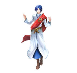Rule 34 | 1boy, artist request, blue hair, boots, brown footwear, coat, commentary request, fire emblem, fire emblem: the binding blade, full body, highres, long sleeves, looking at viewer, male focus, nintendo, official art, saul (fire emblem), shawl, simple background, smile, solo, standing, white background, white coat